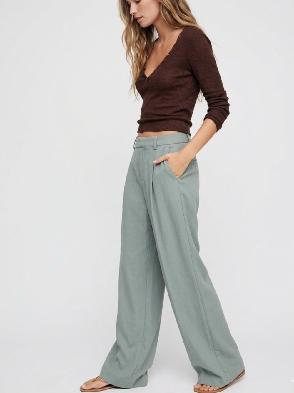 Pleated Wide-Leg Pants in Dusty Sage Green